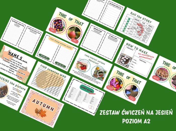 Zestaw ćwiczeń w jesiennym klimacie. Mówienie oraz pisanie na poziomie A2.