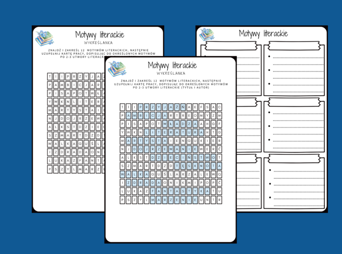 MOTYWY LITERACKIE - wykreślanka - karta pracy - powtórka - egzamin - lektury z kl.7-8 + odpowiedzi