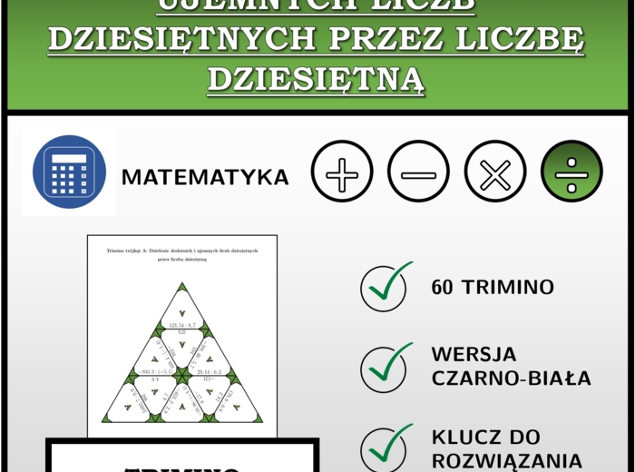 Trimino - Dzielenie dodatnich i ujemnych liczb dziesiętnych przez liczbę dziesiętną | matematyka