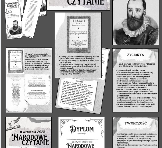 Narodowe czytanie 2025 - Jan Kochanowski - plakat, napisy, twórczość poety, dyplom, zakładki do książek