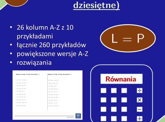 Równania liniowe (liczby dziesiętne) | matematyka, algebra | 26 kolumn