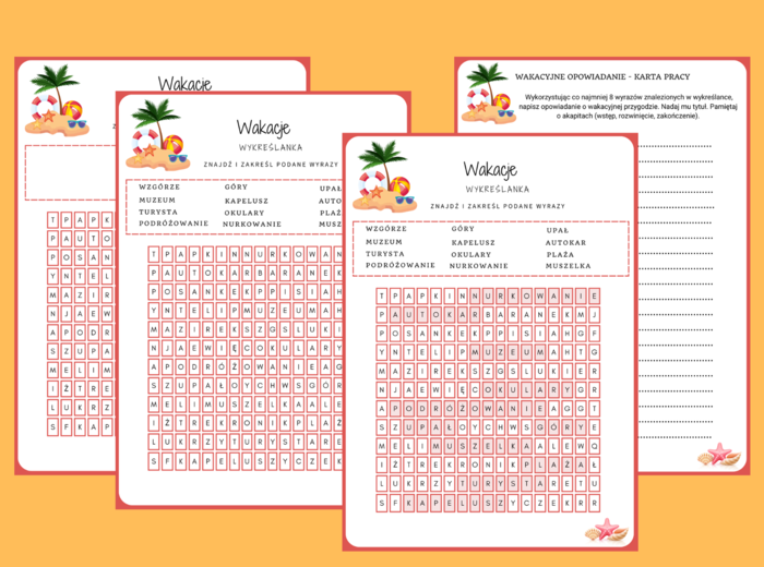WAKACJE - wykreślanka - ortografia - ćwiczenia redakcyjne