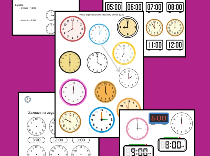 Zegar - 5 kart pracy - nauka pełnych godzin na zegarze - ćwiczenia praktyczne