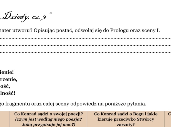 "Dziady, cz. III" tabela do sceny "Improwizacja"