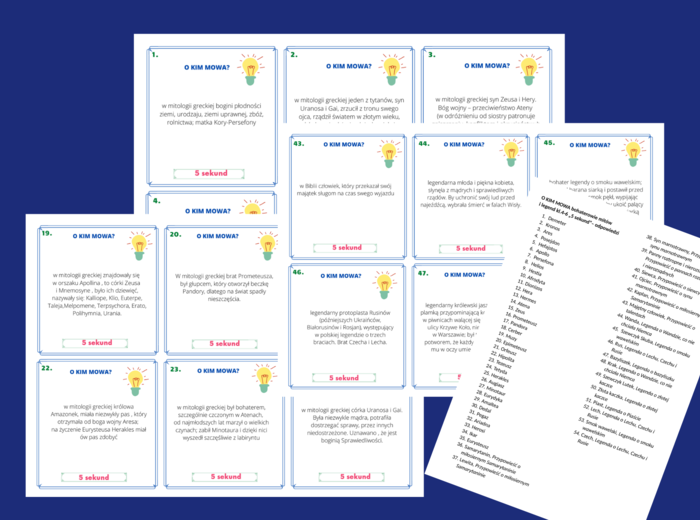 O KIM MOWA? – bohaterowie mitów, legend i przypowieści – mity - mitologia - legenda- przypowieść - gra "5 sekund" – kl. 4-8 + odpowiedzi
