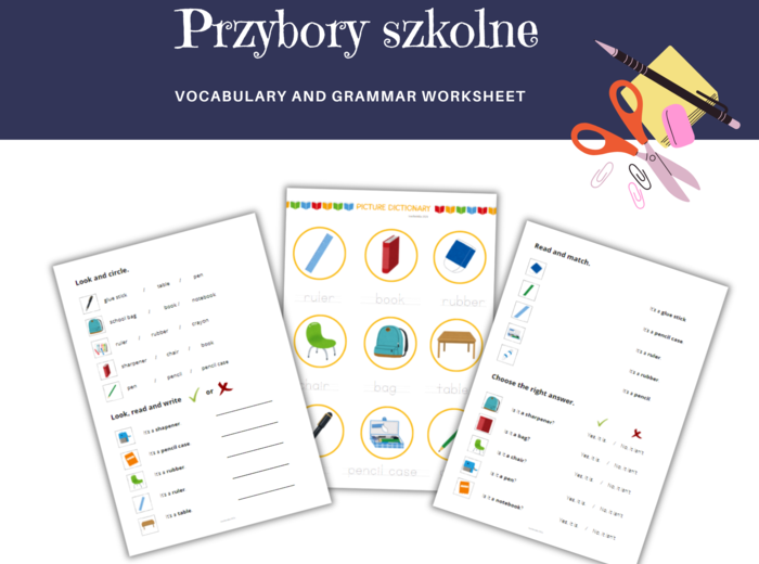 School supplies, objects and equipment - przybory szkolne, dodatkowe karty pracy do nauki słownictwa, język angielski, czytanie, pisanie po sladzie, słowniczek, dodatkowo mini karty obrazkowe, klasa 1,2,