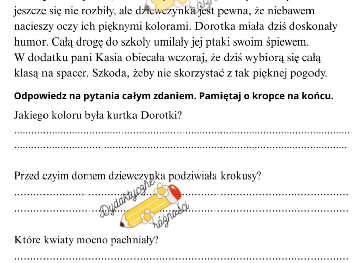 Czytanie ze zrozumieniem: Wiosna, Klasowe talenty, Ciasta pana Marcina. Udzielanie odpowiedzi całym zdaniem.