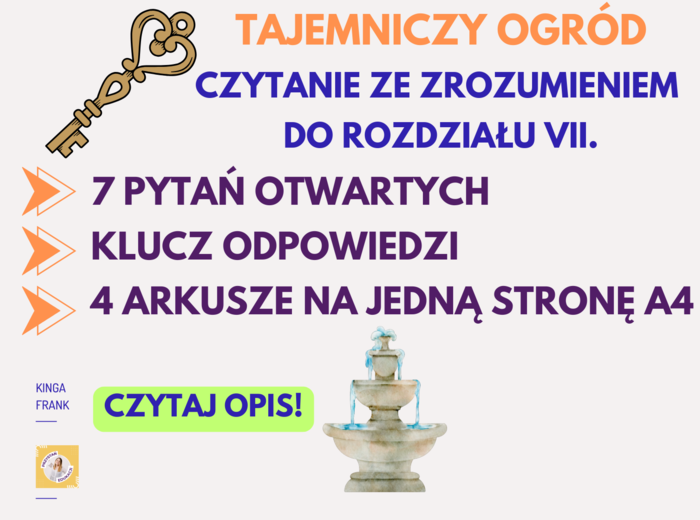 🔍📖 Czytanie ze zrozumieniem + klucz odpowiedzi – Tajemniczy ogród, rozdział VII: Klucz od ogrodu #czytaniezezrozumieniem #pytaniaotwarte #kluczodpowiedzi #lekturaobowiązkowa