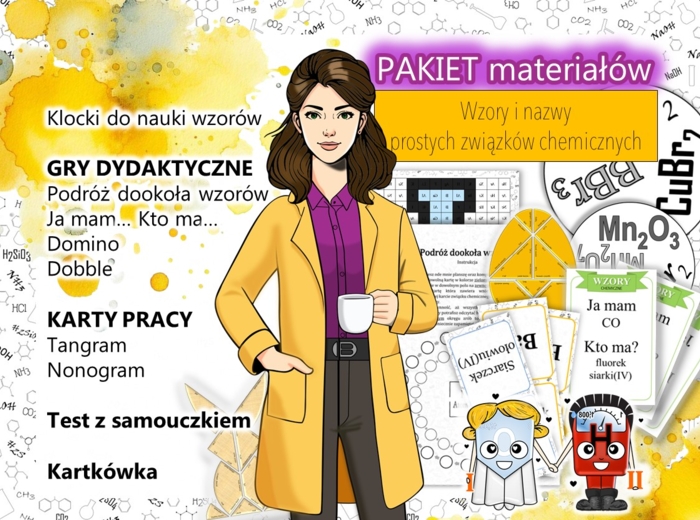 Chemia Klasa 7. PAKIET. Wzory i nazewnictwo prostych związków chemicznych. Karta pracy. Gra dydaktyczna. Zadanie. Powtórzenie wiadomości. Kartkówka. Sprawdzian.