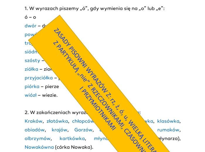 Zasady pisowni wyrazów z: rz, ż, ó, u, wielką literą oraz pisownie wyrazów "nie" z rzeczownikami, czasownikami i przymiotnikami