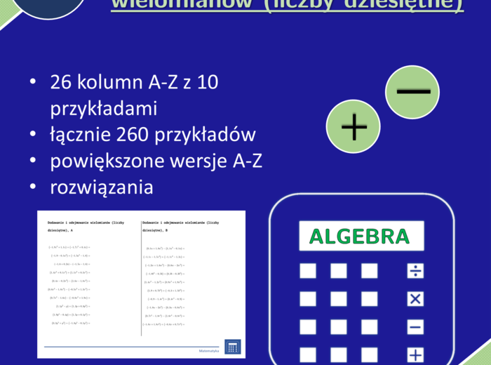 Dodawanie i odejmowanie wielomianów (liczby dziesiętne) | matematyka, algebra | 26 kolumn