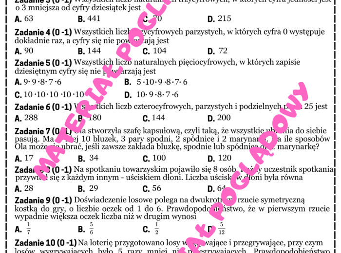 MINI MATURA. MATEMATYKA. Zliczanie, kombinatoryka, prawdopodobieństwo.