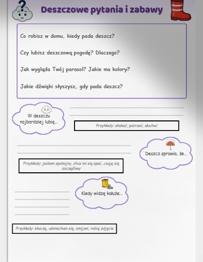 Karta pracy: „Co robię, gdy pada deszcz?” – rysowanie, kolorowanie.
