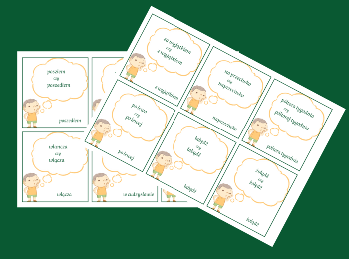 BŁĘDY JĘZYKOWE - fiszki - 30 szt. - 2 wersje + odpowiedzi - Dzień Języka Ojczystego