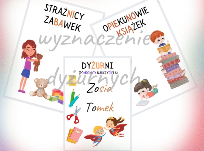 Tabliczka: DYŻURNI / OPIEKUNOWIE KSIĄŻEK / STRAŻNICY ZABAWEK