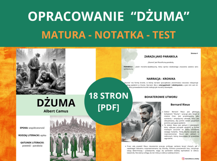 „Dżuma” – opracowanie + test: streszczenie, bohaterowie, analiza, motywy, konteksty, plan wydarzeń [PDF] – szkoła średnia, matura, język polski