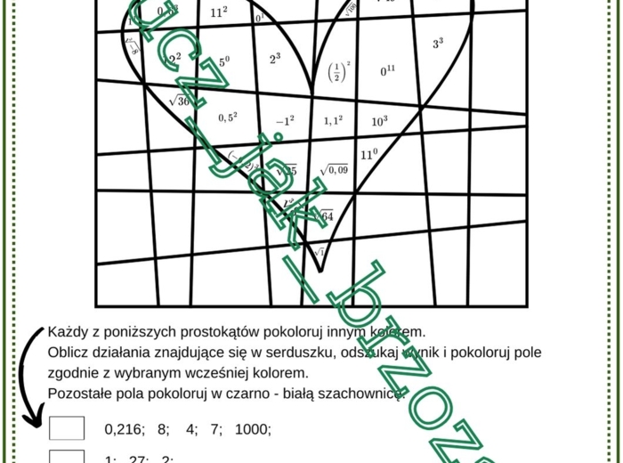 Potęgi i pierwiastki, karta pracy, rewalidacja, walentynki, klasa 7 - 8