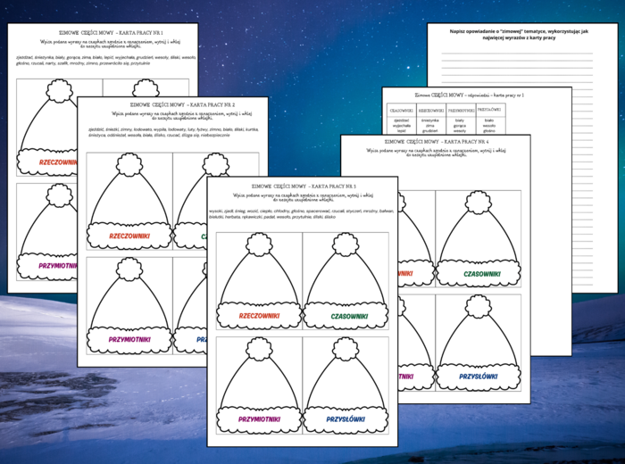 ZIMOWE CZĘŚCI MOWY – czasownik – rzeczownik – przymiotnik – przysłówek – karta pracy – opowiadanie – zima – wklejka – gramatyka – 3 wersje + odpowiedzi