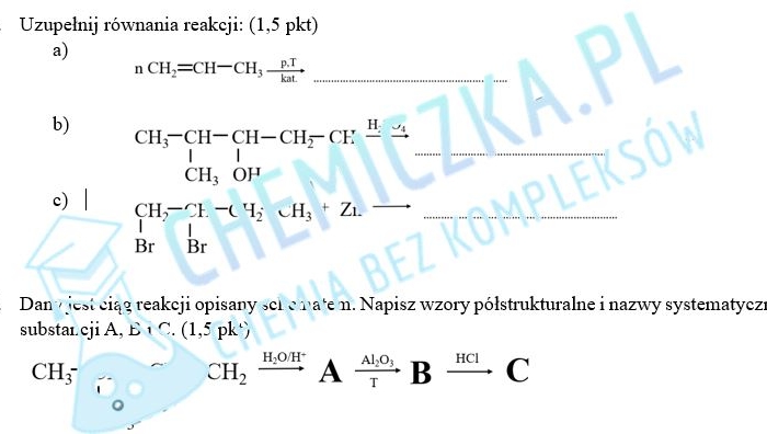 Węglowodory nienasycone, kartkówka gr. A i B, karty pracy z odpowiedziami i schematem oceny