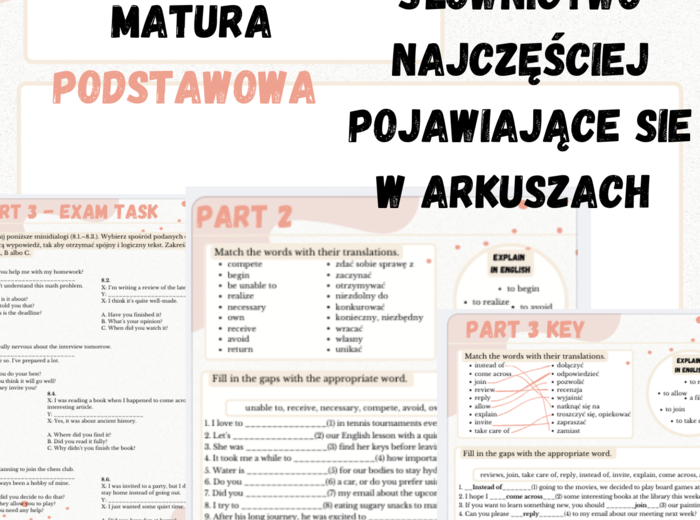 Matura podstawowa karty pracy, słownictwo najczęściej pojawiające się w arkuszach
