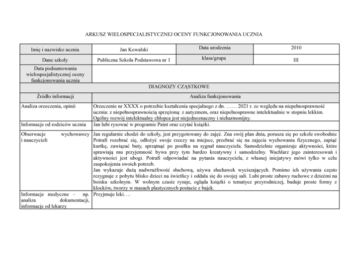 Przykładowa Wielospecjalistyczna Ocena Poziomu Funkcjonowania Ucznia, Autyzm