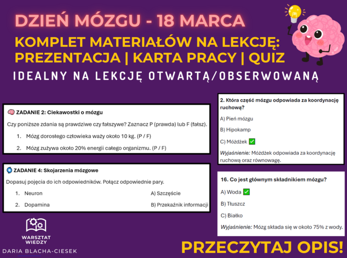📌 DZIEŃ MÓZGU – KOMPLETNY ZESTAW MATERIAŁÓW NA LEKCJĘ: PREZENTACJA, KARTA PRACY, QUIZ | 18 MARCA 🧠 Lekcja (otwarta, obserwowana) w klasie 7, 8, w klasie 1, 2, 3, liceum / technikum na godzinę wychowawczą, biologię, lekcję angażującą.