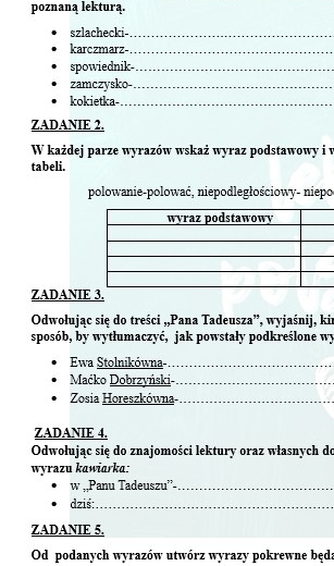 POWTÓRKI PRZED EGZAMINEM. Z BOHATERAMI "PANA TADEUSZA" PRZYPOMINAMY WIADOMOSCI Z ZAKRESU SŁOWOTWÓRSTWA.