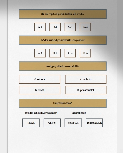 Dni tygodnia. Karta pracy. Sprawdzian