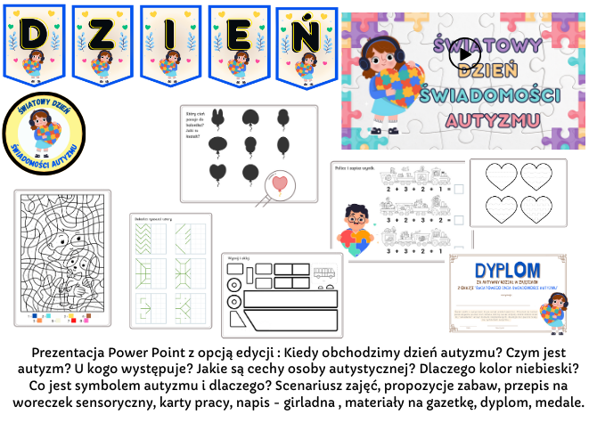 Dzień Autyzmu - prezentacja, scenariusz zajec, karty pracy, gazetka, dyplom