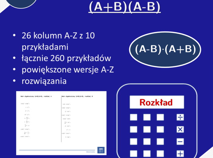 Wzór algebraiczny (A+B)(A-B), rozkład | matematyka, algebra | 26 kolumn
