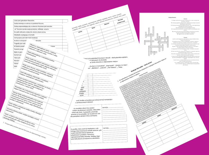 RODZAJE I GATUNKI LITERACKIE - karty pracy - kl.7-8 - egzamin - powtórka +ODPOWIEDZI
