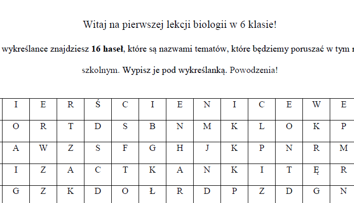 Biologia 6 wykreślanka: co będziemy robić?