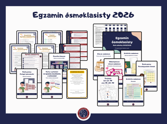 Mega-pakiet: Gotowy plan na Egzamin Ósmoklasisty z matematyki 2026 | Ponad 150 stron materiałów, prezentacji i gier dydaktycznych | 16 w 1