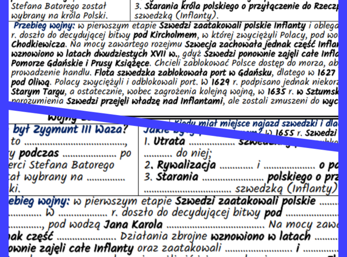 Wojny ze Szwecją za Zygmunta III Wazy i za Jana Kazimierza – notatki i karta pracy