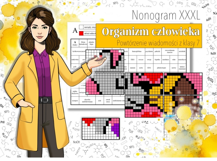 Klasa 7/8. Biologia. Budowa człowieka. Budowa układów narządów człowieka. Powtórzenie. Kolorowanka biologiczna. Nonogram w formacie XXL. Karta pracy. Zadanie. Praca grupowa. MOC powtórki.