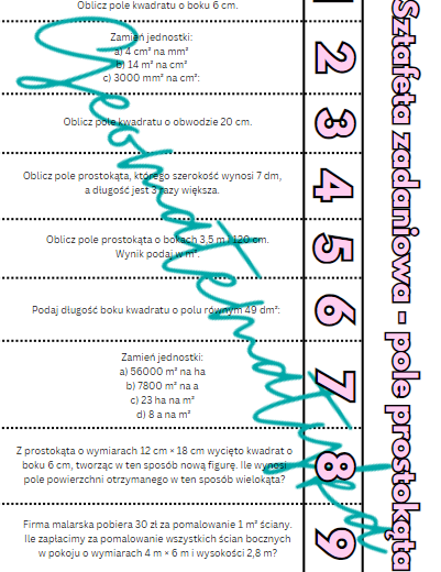 Sztafeta matematyczna – Pole prostokąta, pole kwadratu, jednostki powierzchni.