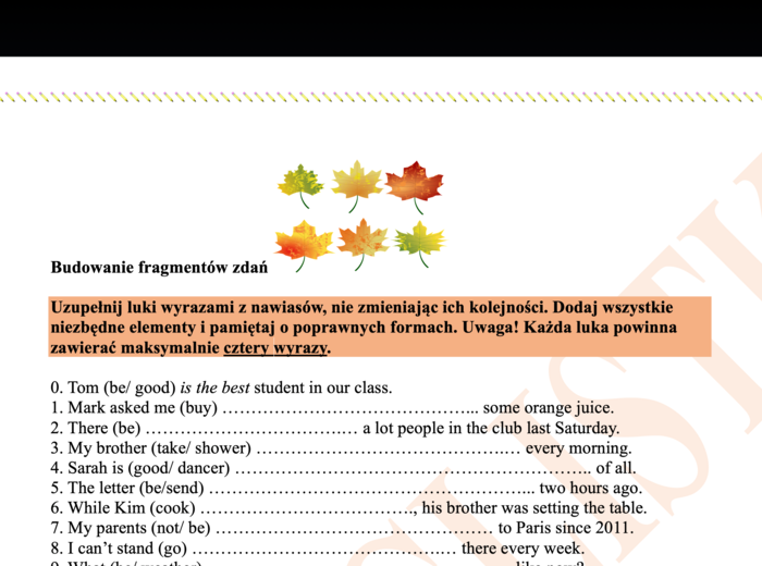 Budowanie fragmentów zdań z podanych elementów z kluczem- 1 zł!!! Egzamin ósmoklasisty