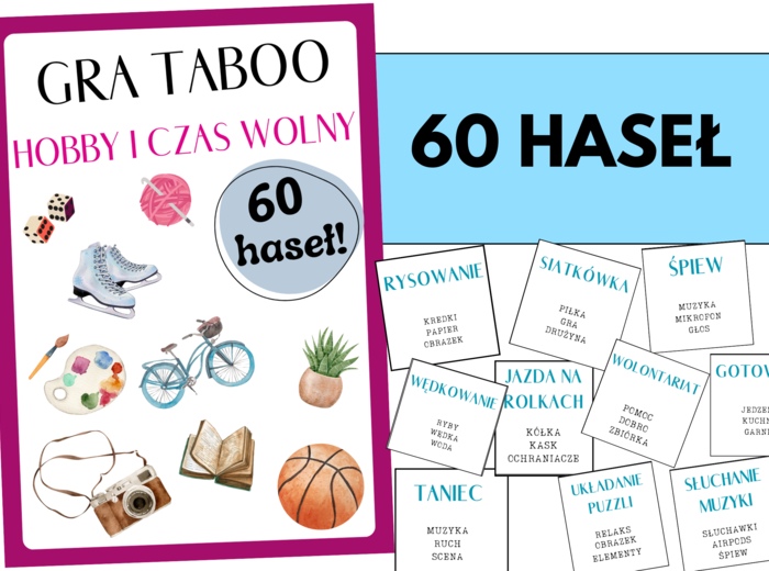 Edukacyjna gra TABOO HOBBY I CZAS WOLNY– 60 haseł! Idealna na lekcję, świetlicę, integrację i koniec roku szkolnego + instrukcja 🎒☀️