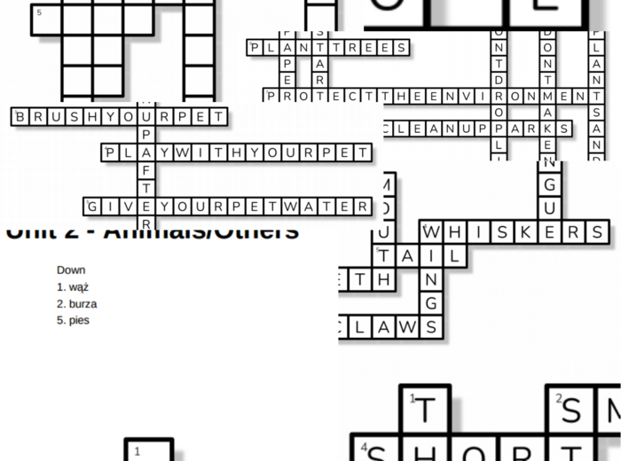 Bugs Team 3 – Unit 2 – krzyżówki – Adjectives/Animal body parts/Ecology/Extra Vocabulary/Others