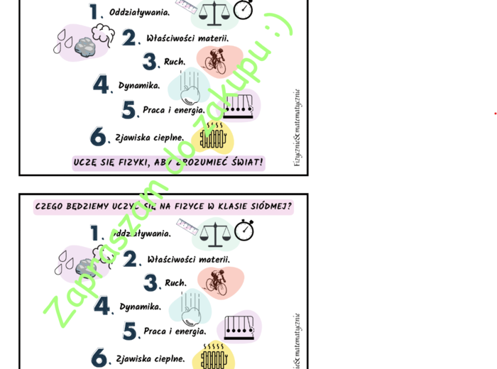 Wklejka do zeszytu - Czego będziemy uczyć się na fizyce - klasa siódma (do podręcznika Sposób na fizykę WSiP).
