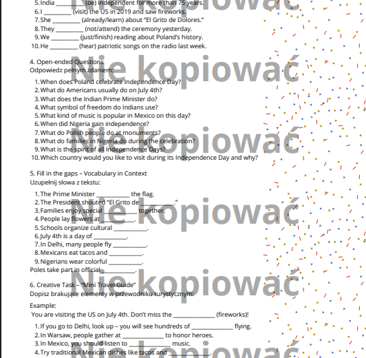 Independence Day throughout the World - czytanka B1/B2