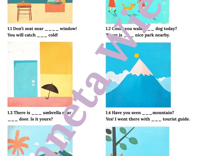 RODZAJNIKI (A, AN, THE) the articles E8 – Zbiór zadań do egzaminu ósmoklasisty z języka angielskiego. Poziom A2/A2+ – 10 STRON ZADAŃ, różnice w stosowaniu a, an i the w zadaniach, ćwiczenia użycia w sytuacjach codziennych, wypełnianie luk w tekście, twor