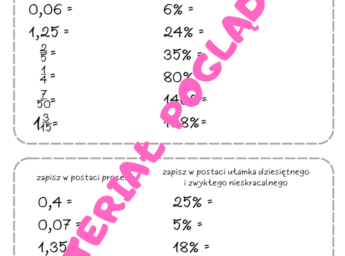 Szybkie karteczki - karty pracy z procentów. Klasa 6. Klasa 7. Klasa 8