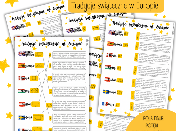 TRADYCJE ŚWIĄTECZNE W EUROPIE - pola figur/tabliczka mnożenia/potęgi/pierwiastki/ułamki - ŚWIĘTA/MIKOŁAJKI