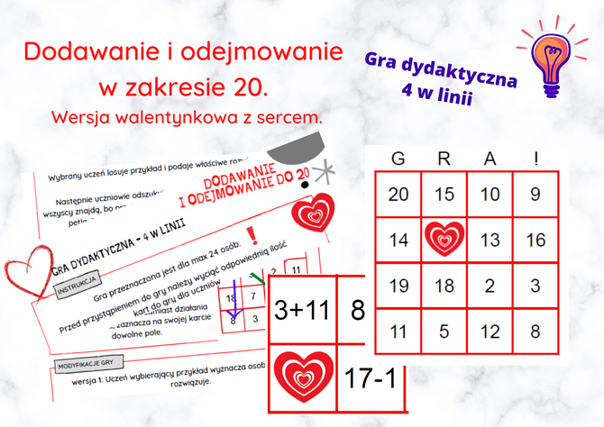 Dodawanie i odejmowanie do 20 - gra dydaktyczna. Wersja walentynkowa.