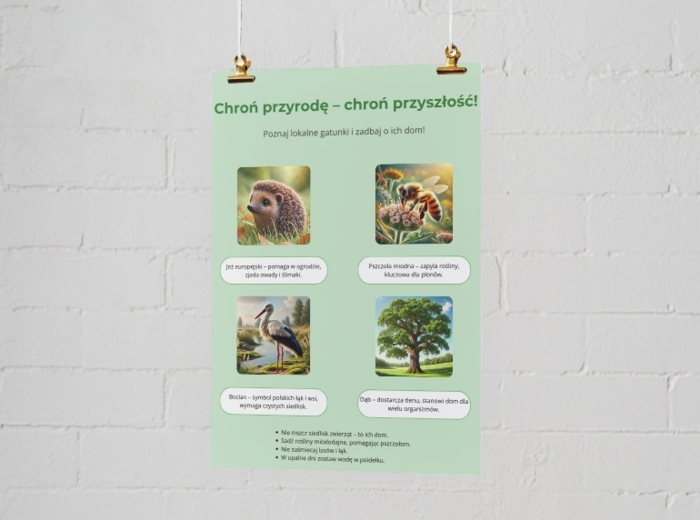 Plakaty informacyjne. Postawy proekologiczne (oszczędzanie wody, energii, segregacja odpadów). Cykl życia produktu - "od produkcji do recyklingu". Fauna i flora.