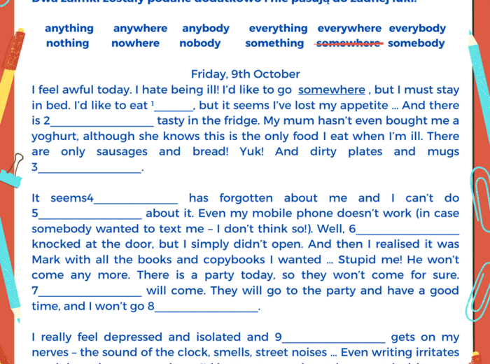 Zaimki nieokreślone -body, -one, -thing, -where - tabela