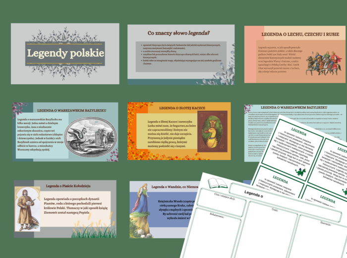 LEGENDY POLSKIE - legenda - prezentacja - 35 slajdów + karta pracy + wklejka
