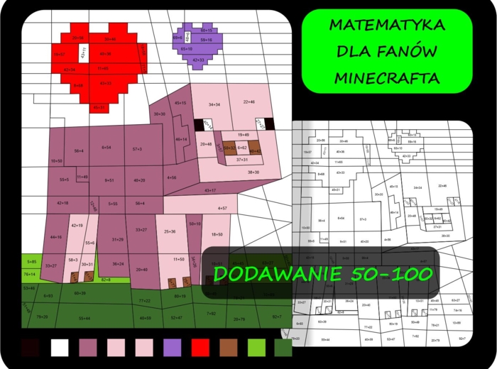 Dodawanie liczb dwucyfrowych, kolorowanka matematyczna, pokoloruj według wyników dodawania, Minecraft