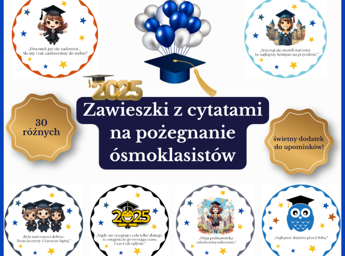 Zestaw 30 Zawieszek z Motywującymi Cytatami – Idealny na Pożegnanie Ósmoklasistów